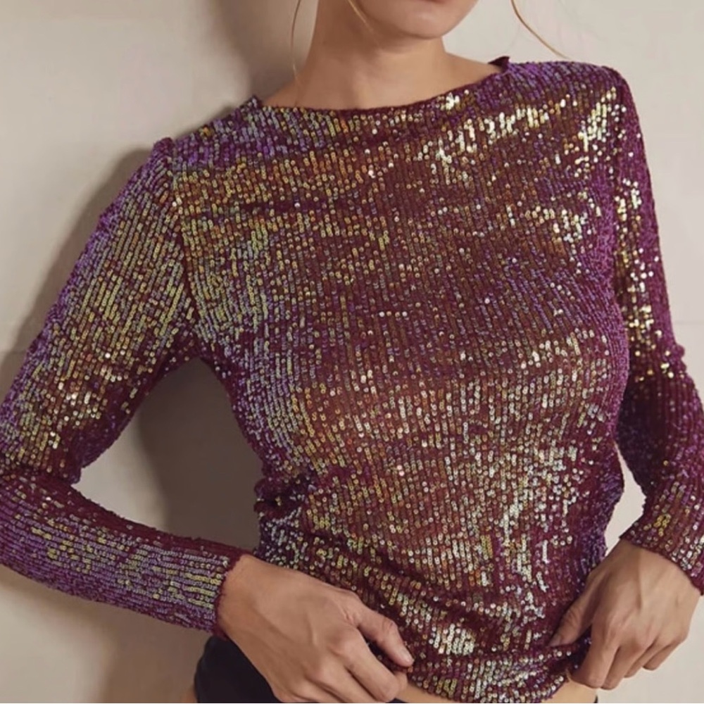 Free People Small Gold Rush Maroon Rust Sequin Blouse Purpleish Long Sleeve Top
